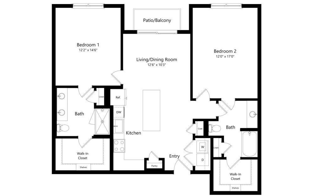 B3 - 2 bedroom floorplan layout with 2 bathrooms and 1209 square feet