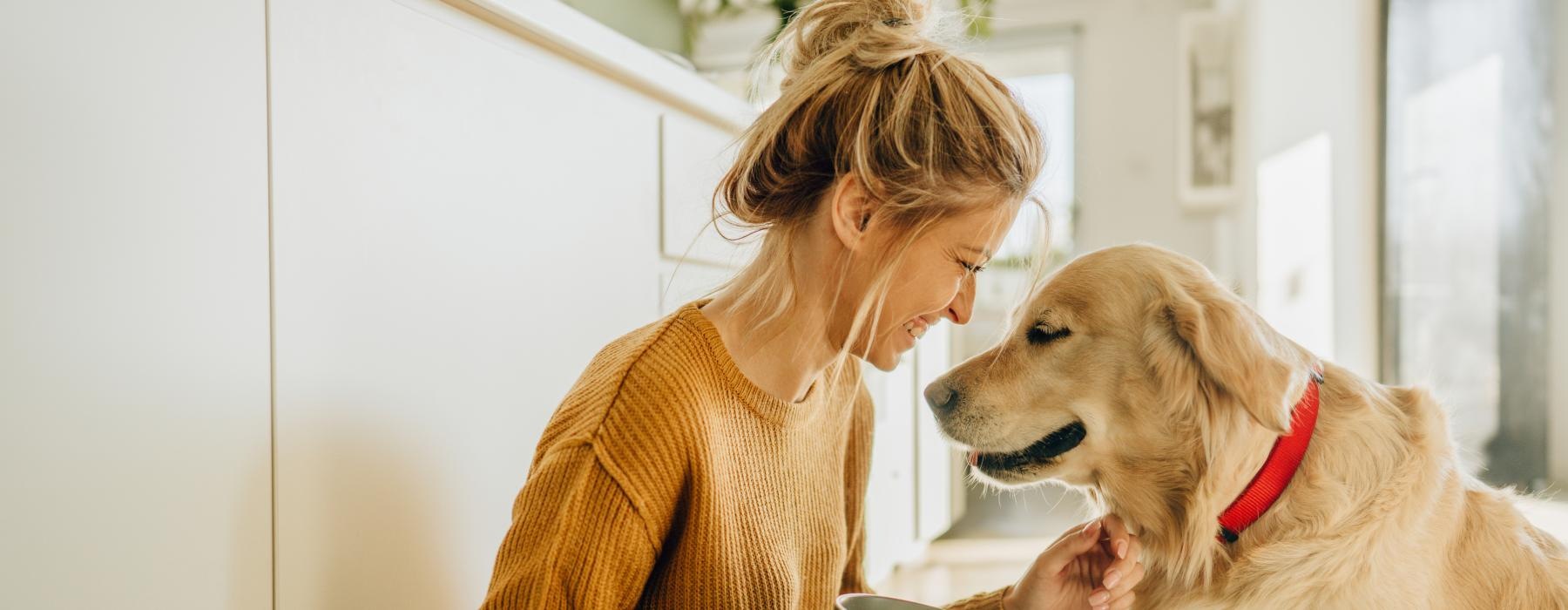 a woman feeding a dog